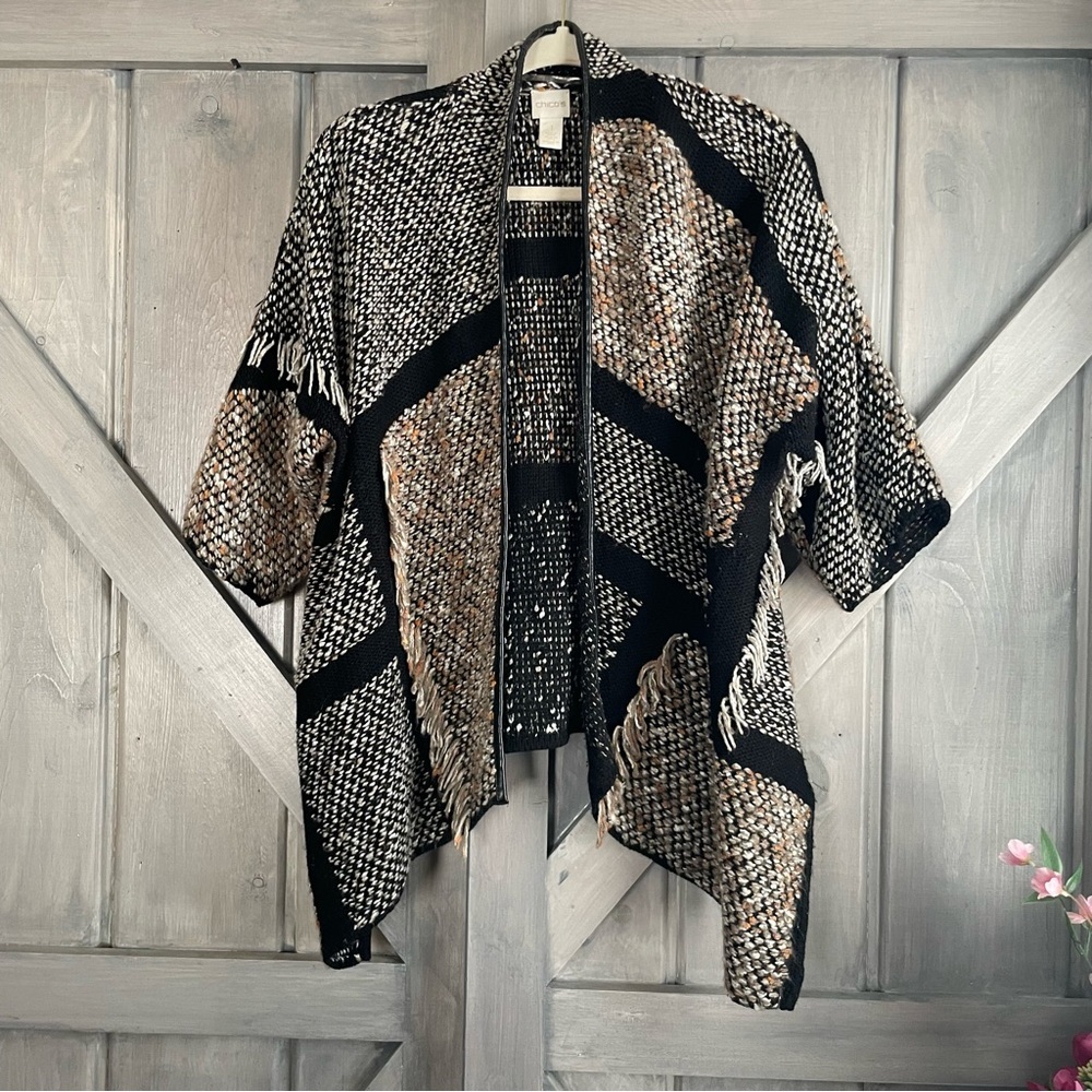 Chicos Women’s Fringe Open Cardigan black brown patterned knit size 1 medium